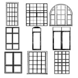 set of Windows in loft style, sketch vector graphics isolated monochrome illustrations