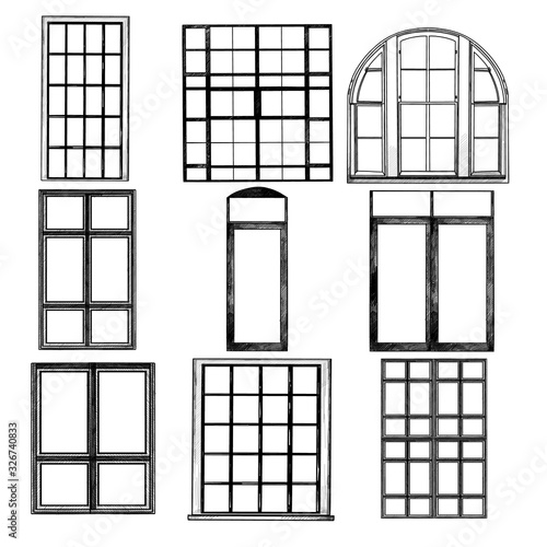 set of Windows in loft style, sketch vector graphics isolated monochrome illustrations