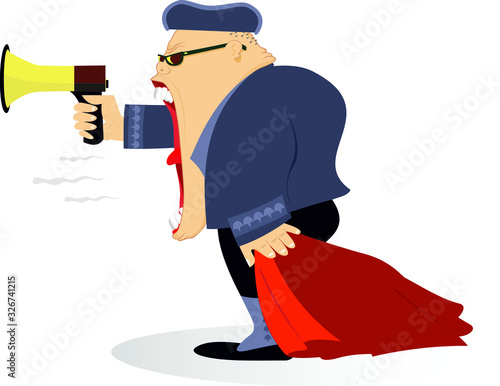 Cartoon bullfighter shouts to megaphone illustration. Shouting bullfighter with matador cape and megaphone isolated on white