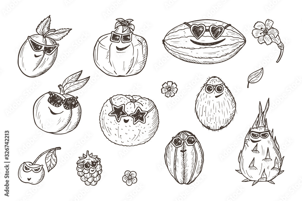 Fruit icons set. Funny Stylish Fashion Berries and Fruits with sunglasses. Hand drawn doodle apricot, peach, cherry, raspberry, pomegranate, orange, melon, coconut, dragon fruit, carambola