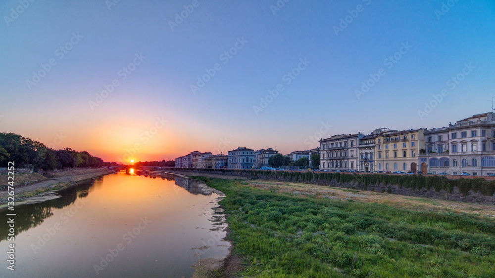 Scenic Sunset Skyline View of Tuscany City, Housing, Buildings and Arno River, Colorful sky, Florence, Italy.