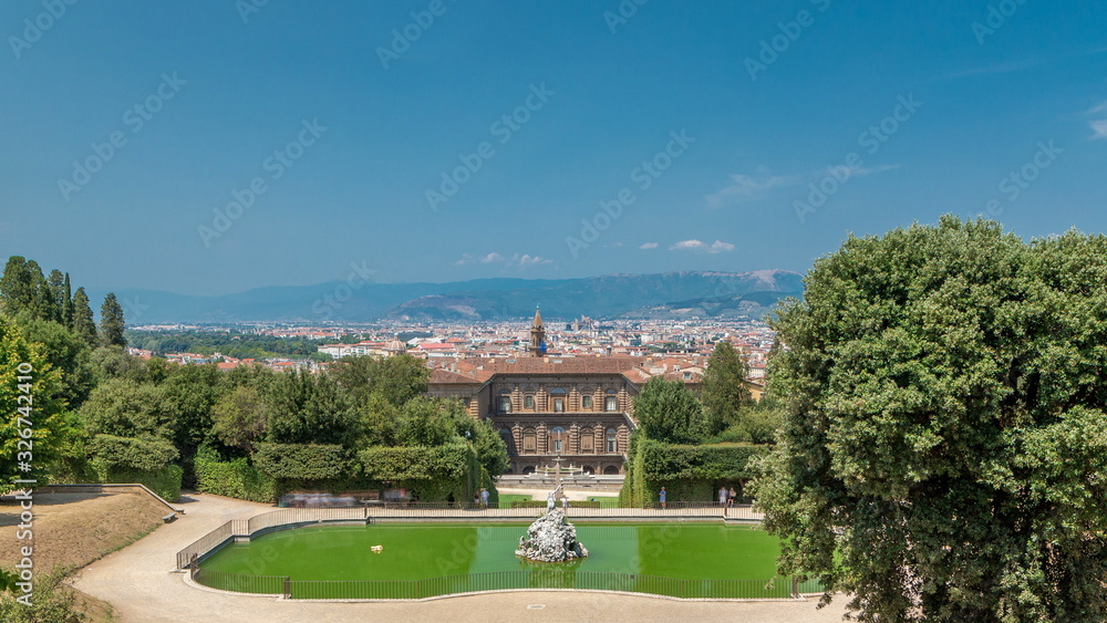The Boboli Gardens park timelapse, Fountain of Neptune and a distant view on The Palazzo Pitti, in Florence, Italy. Popular tourist attraction and destination.