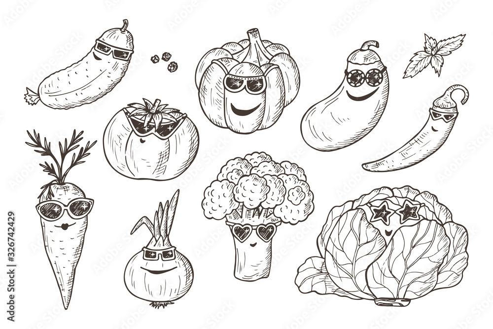 Vegetable icons set. Funny Stylish Fashion Vegetables with sunglasses. Hand drawn doodle cucumber, tomato, pumpkin, eggplant, chili pepper, carrot, onion, broccoli, cabbage