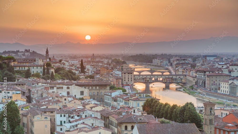 Scenic Skyline View of Arno River timelapse, Ponte Vecchio from Piazzale Michelangelo at Sunset, Florence, Italy.