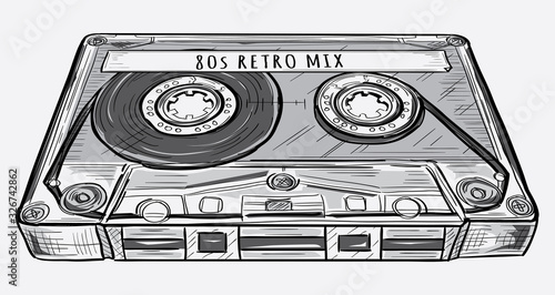 Black and white drawn retro audio cassette