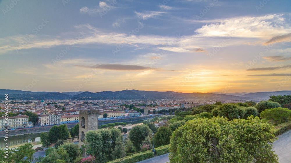 Sunrise top view of Florence city timelapse with arno river bridges and historical buildings
