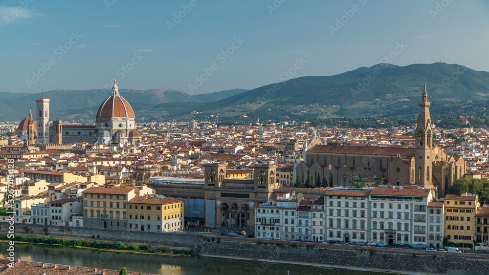 Florence aerial cityscape view timelapse from Michelangelo square on the old town with Santa Croce church in Italy