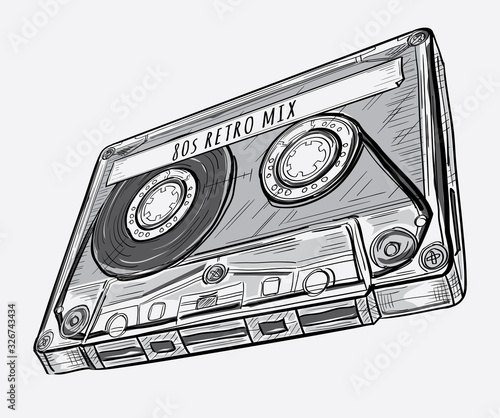 Black and white drawn retro audio cassette