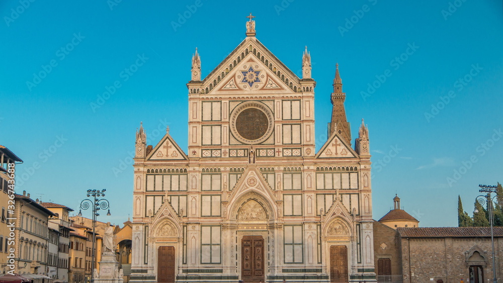 Tourists on Piazza di Santa Croce timelapse with Basilica di Santa Croce Basilica of the Holy Cross in Florence city.