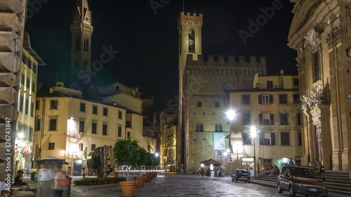 Catholic Church called "Complesso di San Firenze" timelapse in the square called "Piazza di S. Firenze" at night. Florence, Tuscany, Italy.