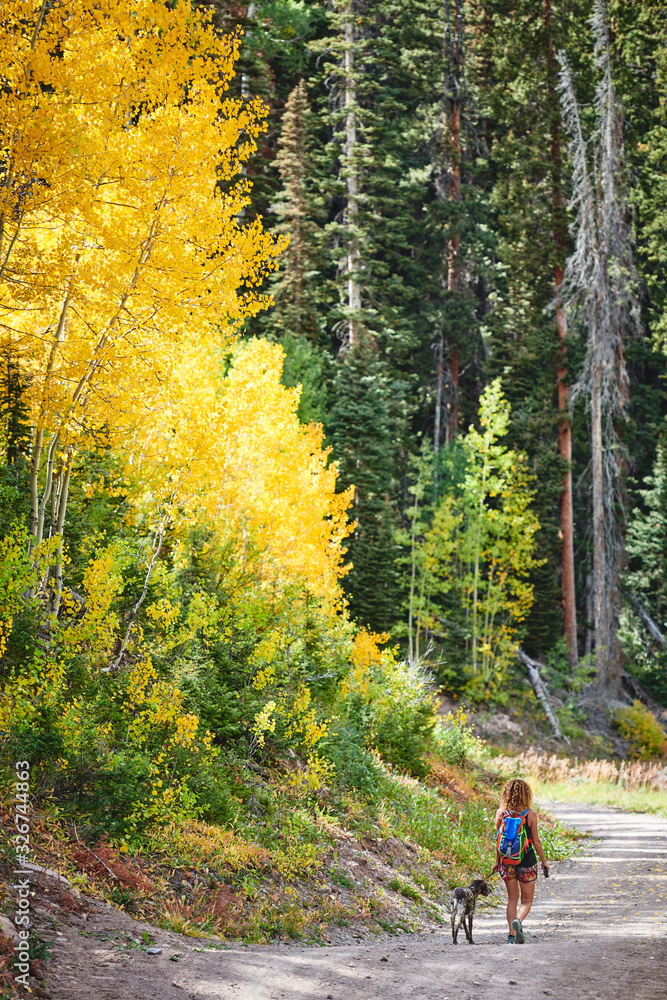 Obraz premium A young woman hiking with her dog in the mountains of Colorado