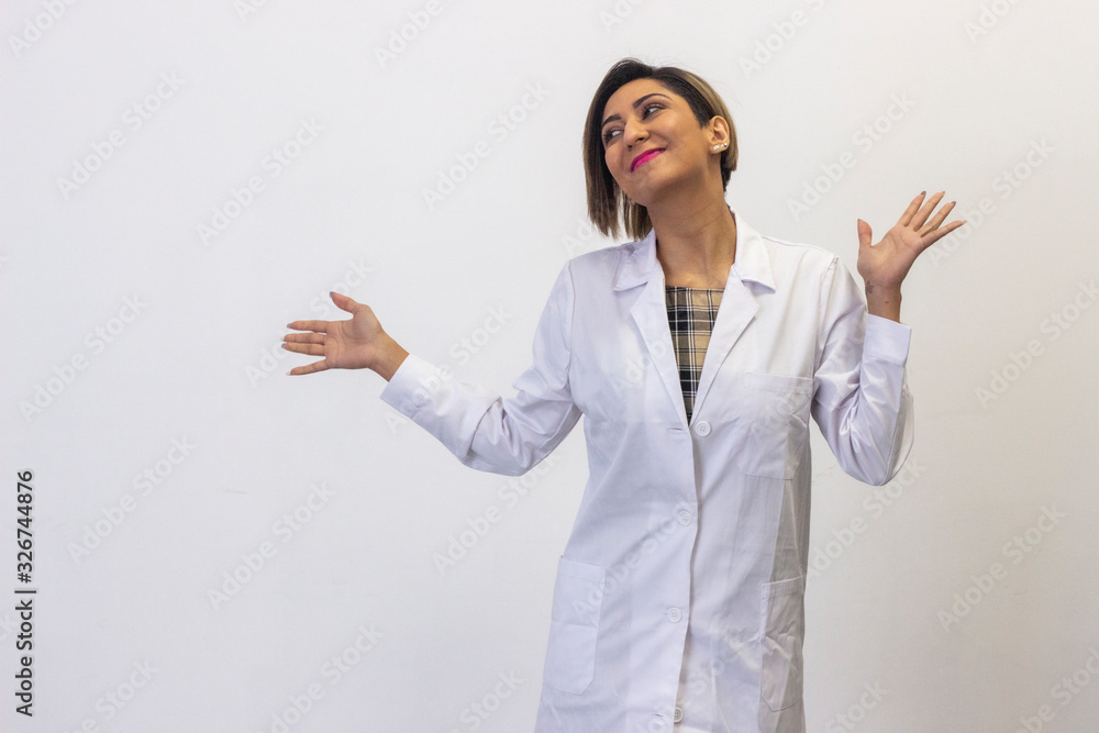 Portrait of attractive latin young woman feeling free dancing with arms open in freedom. Pharmacist, beauty therapist, doctor, nurse, scientist, ophthalmologist, beautician, healthcare, veterinarian, Portrait of attractive latin young woman feeling free dancing with arms open in freedom. Pharmacist, beauty therapist, doctor, nurse, scientist, ophthalmologist, beautician, healthcare, veterinarian,