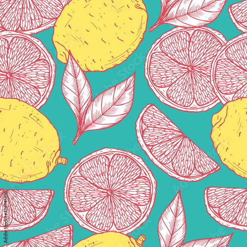 Vector Fruits background.Hand drawn Lemon seamless pattern