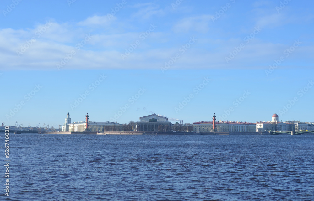 View of the Neva river and Arrow of Vasilievsky island.