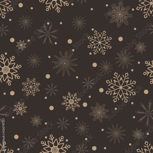 Seamless background of snowflakes on a brown background. Golden snowflakes. Vector illustration. Stock vector.
