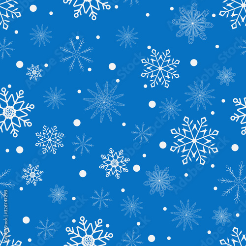 Seamless background of snowflakes on a blue background. White snowflakes. Vector illustration. Stock vector.