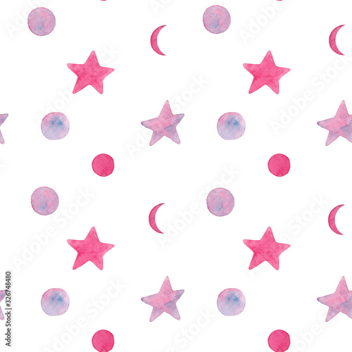 Watercolor hand drawn seamless pattern with abstract pink stars and moon isolated on white background. Outer space print for  textile  wallpaper  wrapping paper  background  design etc.