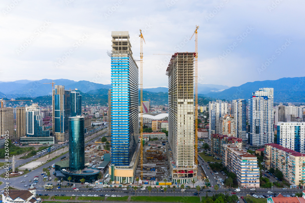 Fototapeta premium Panoramic view of Batumi, Georgia. View of the center of Batumi and The Heroes Alley. The capital of Adjara, Georgia.