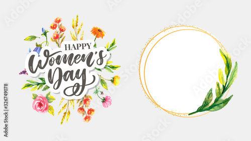 Woman s Day text design with flowers and hearts on square background. Vector illustration. Woman s Day greeting calligraphy design in pink colors. Template for a poster, cards, banner.