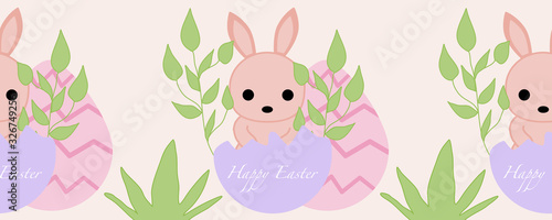 horizontal border with pink bunny and easter eggs