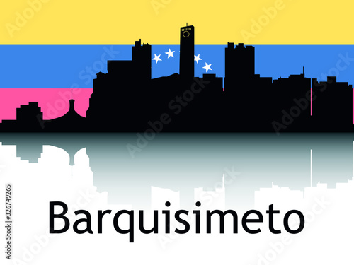 Black Silhouette of Cityscape Panorama Reflection With Background National Flag of Barquisimeto, Venezuela photo