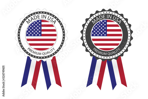Two modern vector Made in USA labels isolated on white background, simple stickers in American colors, premium quality stamp design, flag of USA