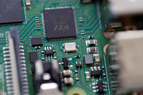 Raspberry Pi 4 board, macro photography, close up. The Raspberry Pi is a series of single-board computers developed by the Raspberry Pi Foundation. photo