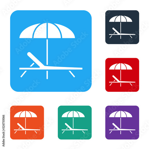 White Sunbed icon isolated on white background. Beach umbrella and Sun lounger. Set icons in color square buttons. Vector Illustration