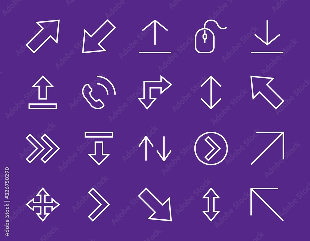 Set of line arrows, directions, arrows, contains icons such as pause, continuation, directly, to the right, Editable stroke. 480x480, On a white background, Vector illustration Set of line arrows, directions, arrows, contains icons such as pause, continuation, directly, to the right, Editable stroke. 480x480, On a white background, Vector illustration