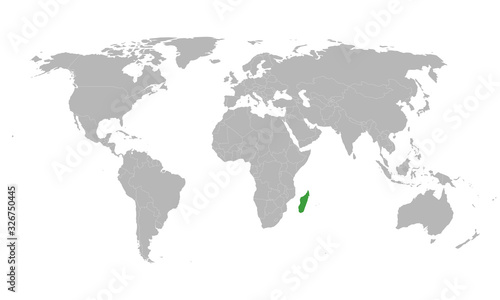 Madagascar highlighted green on world map. Asian country. Perfect for business concepts  backgrounds  backdrop  poster  chart  banner  label  sticker and wallpapers.