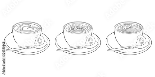 Latte art collection. Cups of coffee with foam pattern isolated on a white background. Vector illustration