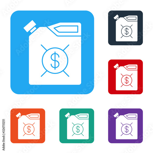 White Canister for motor machine oil icon isolated on white background. Oil gallon. Oil change service and repair. Engine oil sign. Set icons in color square buttons. Vector Illustration