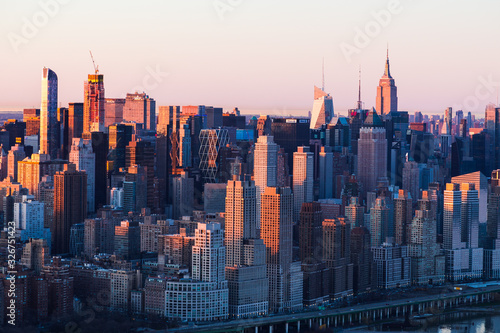 NYC Skyline at Dawn, Empire state, Midtown. Sunrise pastel hues