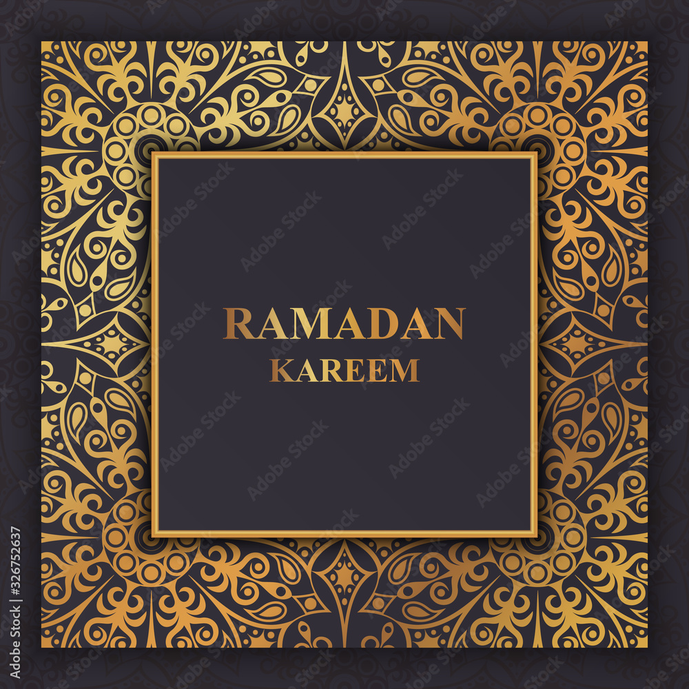 Background with golden mandala pattern. Square greeting card Ramadan Kareem. Vector EPS 10.