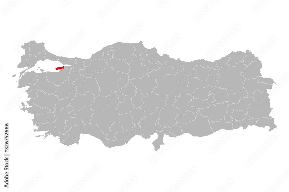 Yalova province marked red color on turkey map vector. Gray background.