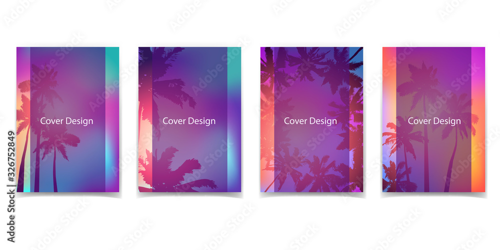 Brochure design templates collection with silhouette of palm trees and tropical sunrise. Book design, blank, print design, journal. Layout vector template in A5 size