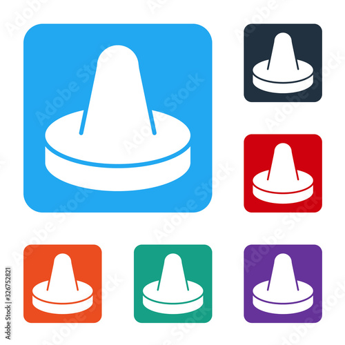 White Mallet and puck for playing air hockey game icon isolated on white background. Set icons in color square buttons. Vector Illustration