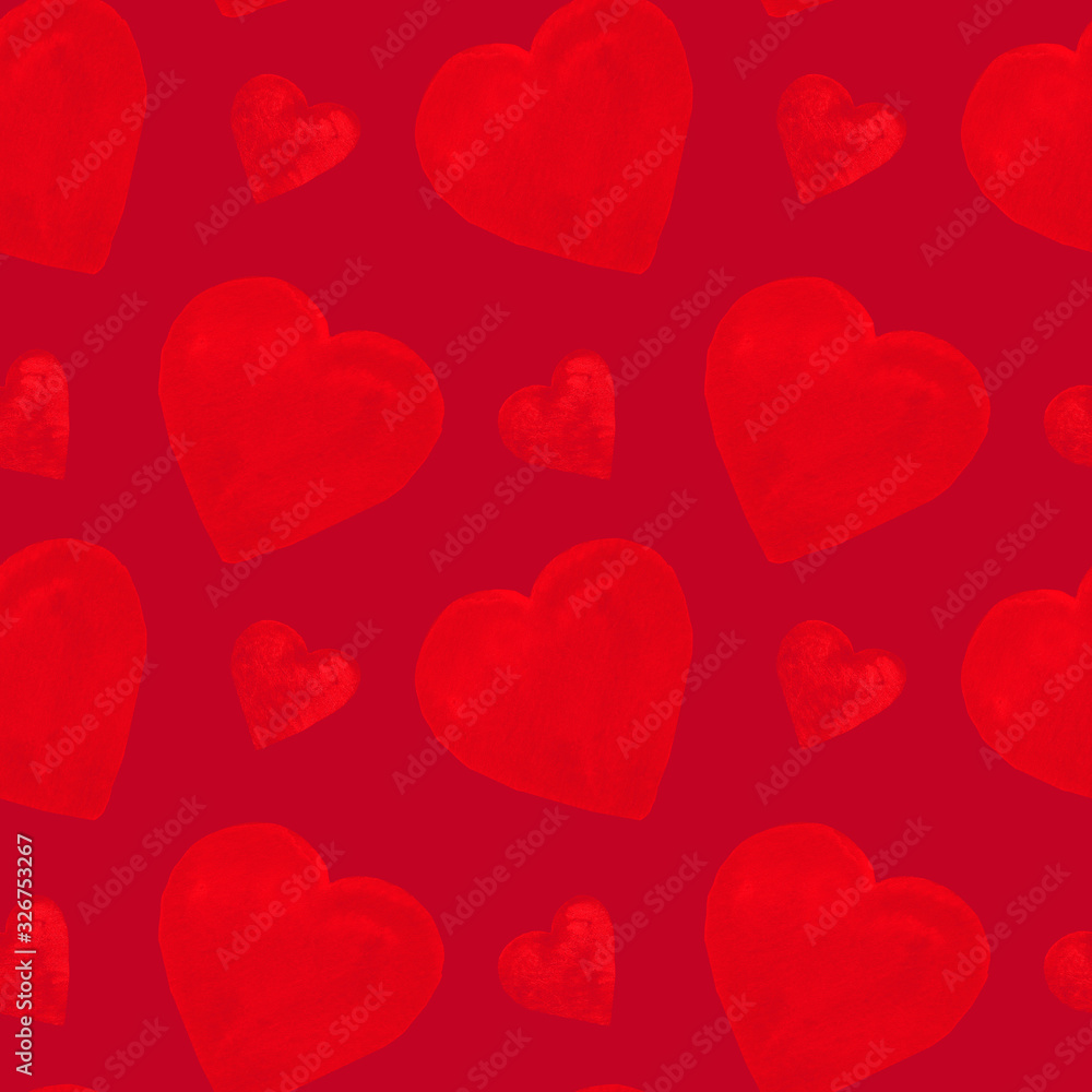 watercolor red hearts seamless pattern on a red background.