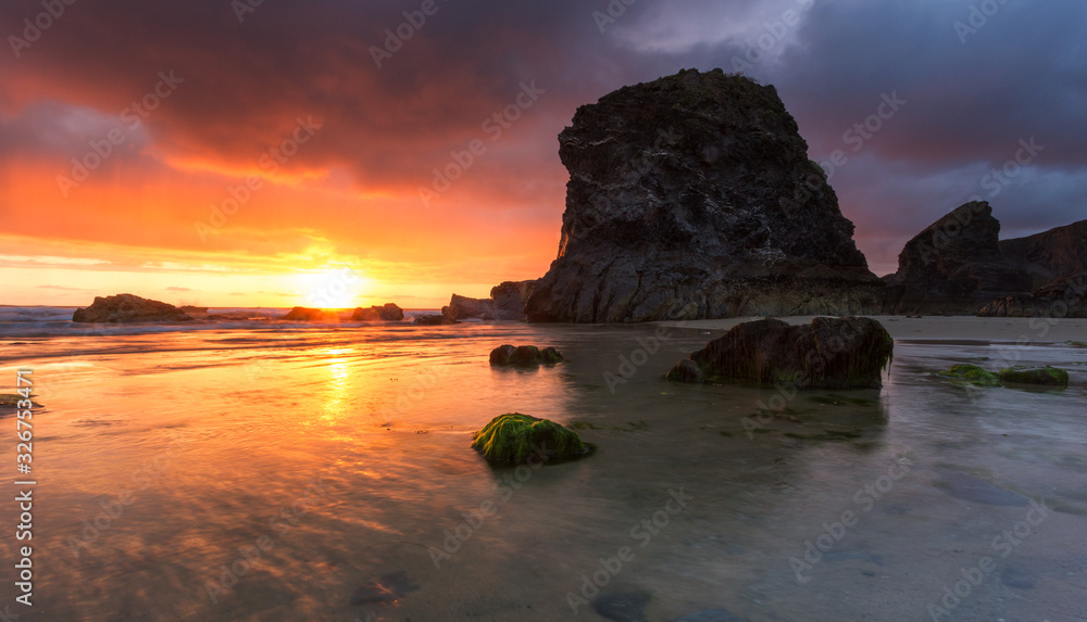 Bedruthan, Cornwall. Sea Stacks and fiery sunset.  
