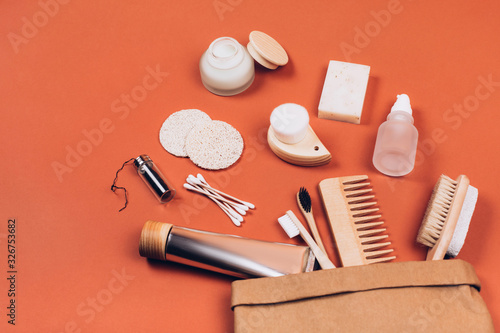 Zero waste cosmetics travel set. Flat lay style photo