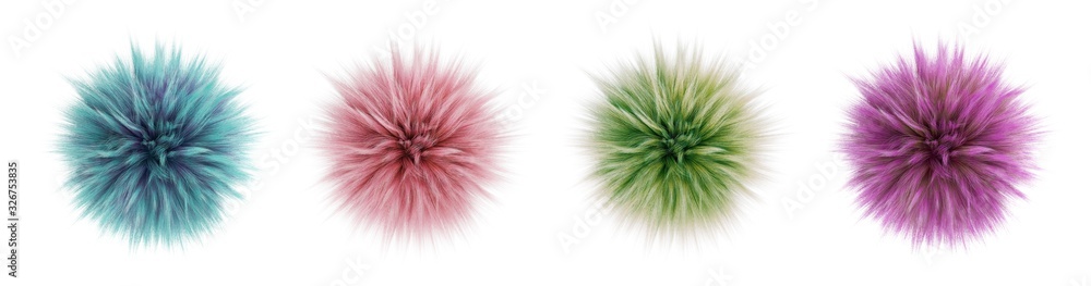 3D set of fur balls isolated on white background, round pompon fluff soft ball blue, pink, green and violet. Hairy, Colorful 3D render illustration, clip art.