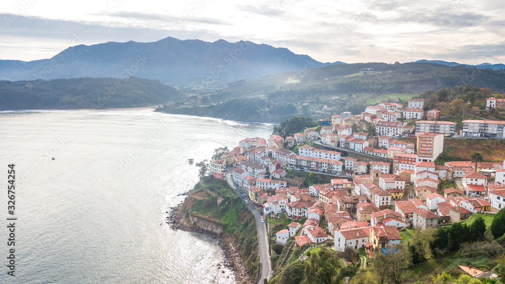 aerial view of lastres fishing town in asturias, Spain