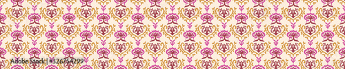 Old indian arabesque damask seamless border pattern. Ornate spice color marsala red yellow middle eastern style  vector background. Vintage ethnic decorative floral medallion banner. Ribbon trim edge.