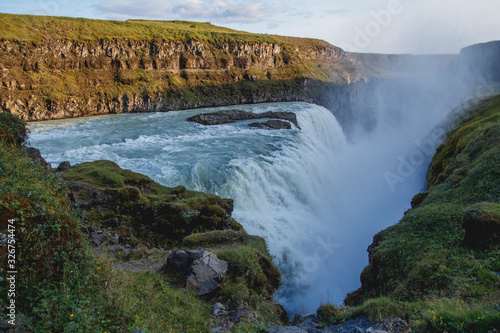 Gullfoss waterfall at sunrise is the biggest waterfall in Iceland  landscape photography