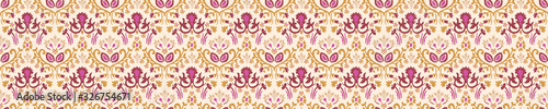 Old indian arabesque damask seamless border pattern. Ornate spice color marsala red yellow middle eastern style  vector background. Vintage ethnic decorative floral medallion banner. Ribbon trim edge.