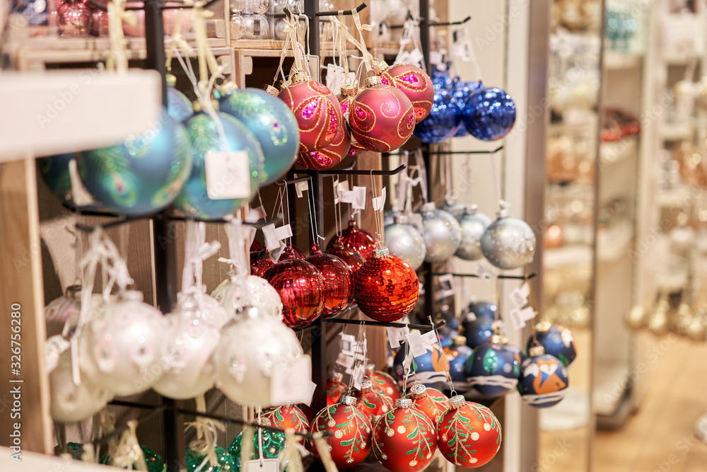 Market of decor . Lots of christmas decoration in store. Christmas shopping for new year tree.