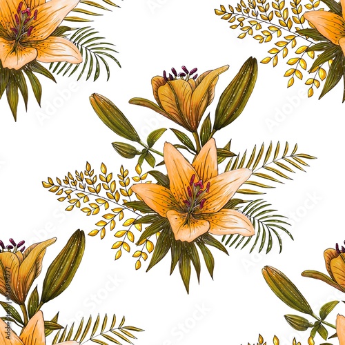 Seamless background with orange lilies on the white. Floral repeat print. Watercolor summer bouquet pattern. Marker illustration.