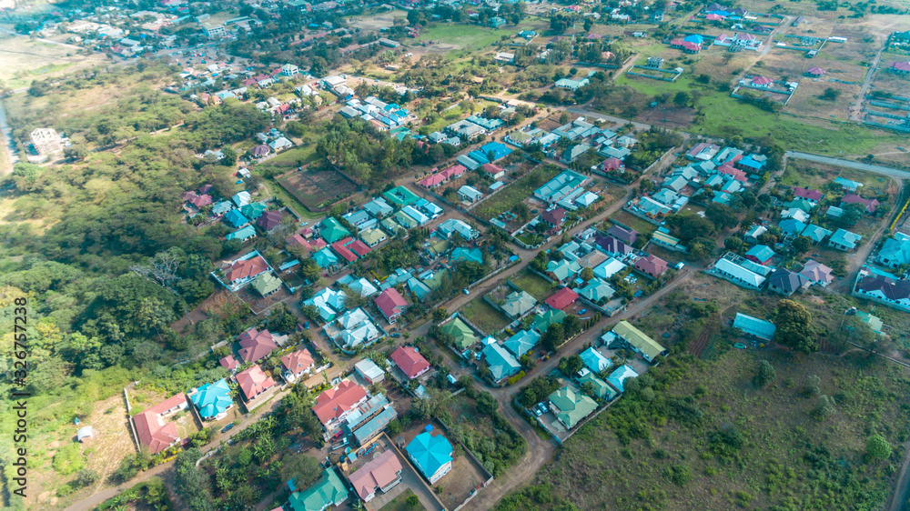 aerial view of the rural area away from Arusha, Farming and people settlement.
