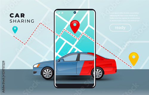 Car sharing service mobile display illustration map background