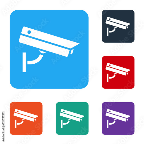 White Security camera icon isolated on white background. Set icons in color square buttons. Vector Illustration